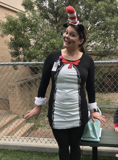 Sarah dressed as the Cat in the Hat for Read Across America day