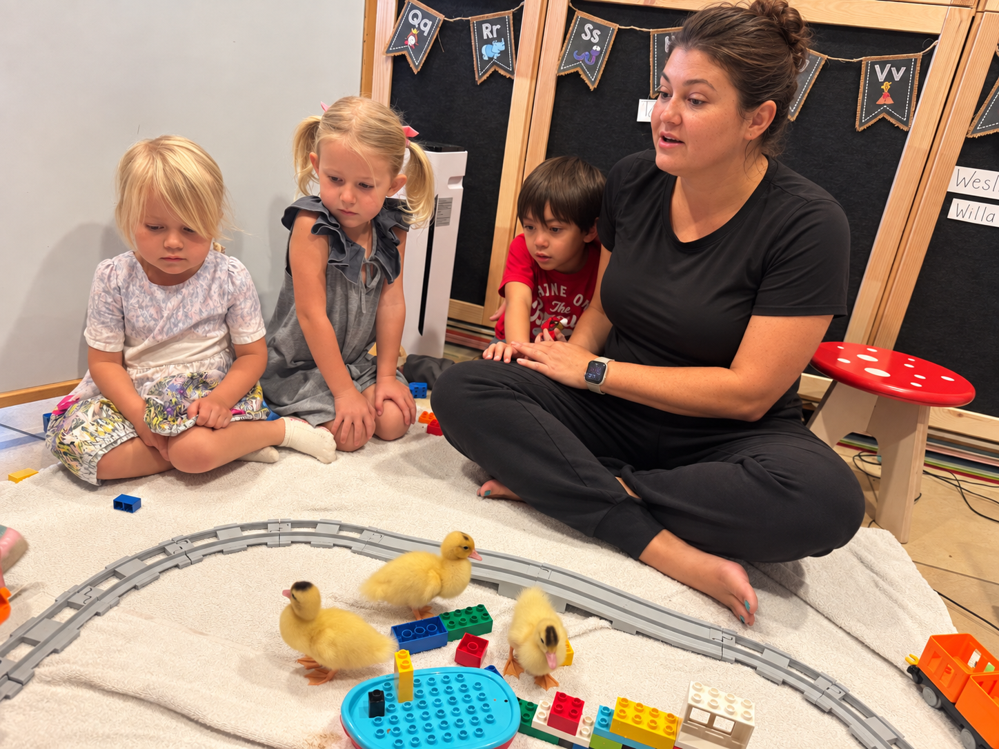 Sarah introducing children to baby ducklings in the classroom